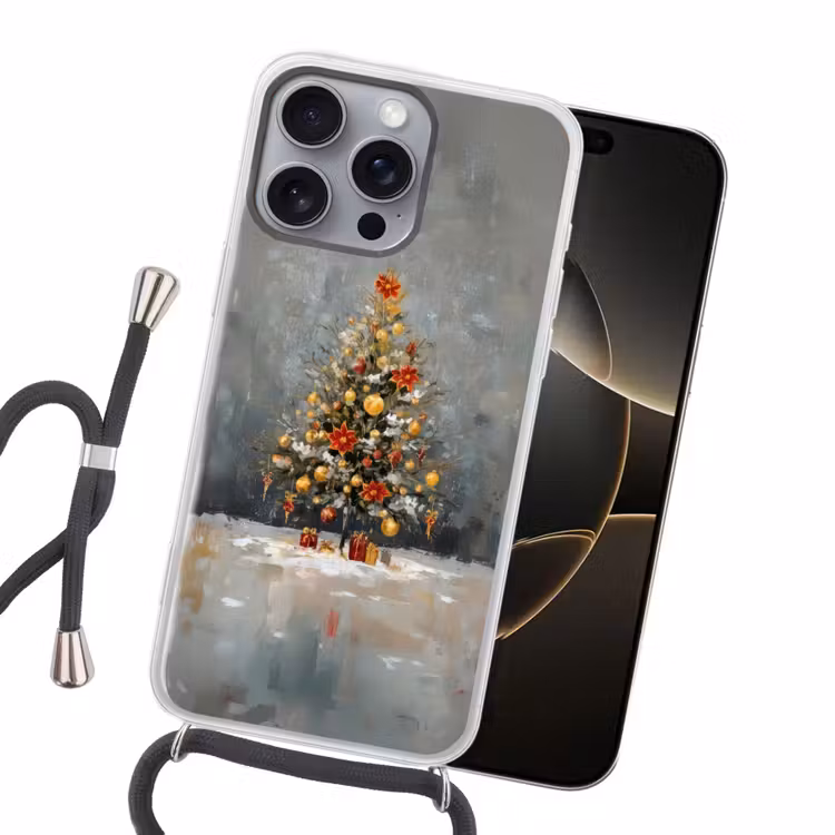 Kerstboom - Cadeaus - Rood - Goud Hoesje iPhone 16 Pro Max met koord klein -sfeer1