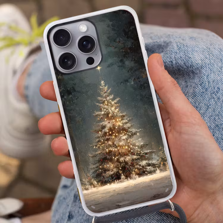 Kerstboom - Bos - Sneeuw - meerkleurig Hoesje iPhone 16 Pro Max met koord klein -sfeer3