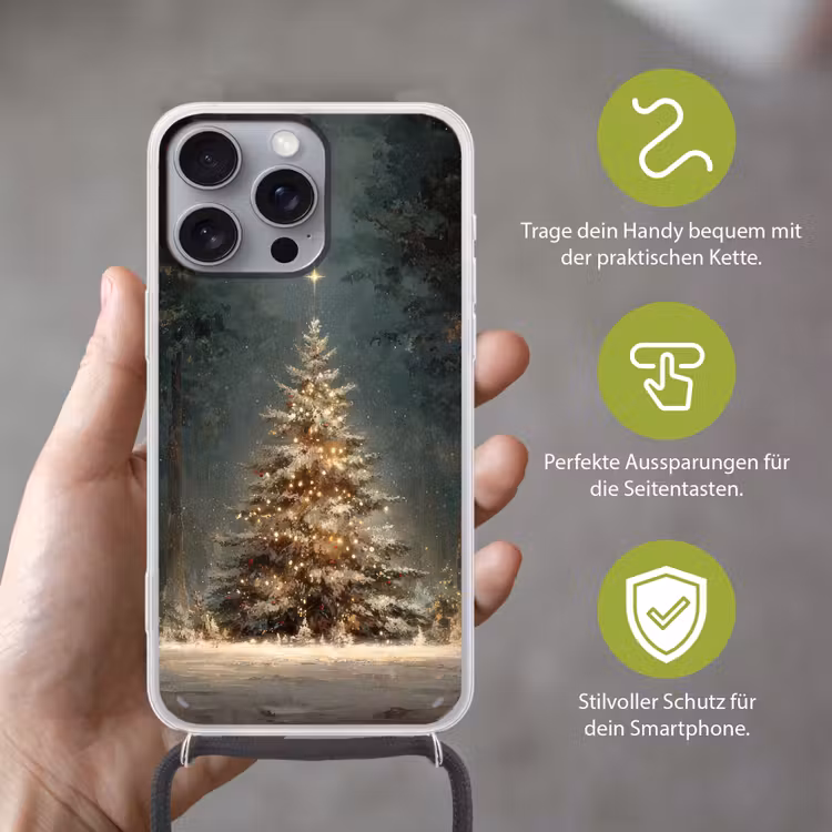 Kerstboom - Bos - Sneeuw - meerkleurig Hoesje iPhone 16 Pro Max met koord klein -sfeer2_DE