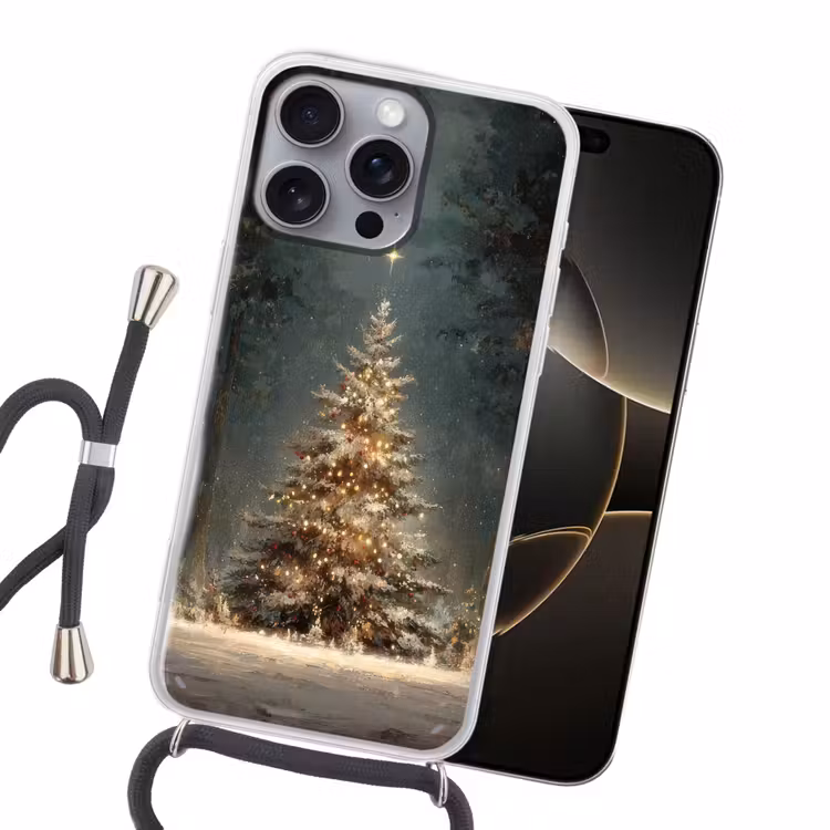 Kerstboom - Bos - Sneeuw - meerkleurig Hoesje iPhone 16 Pro Max met koord klein -sfeer1