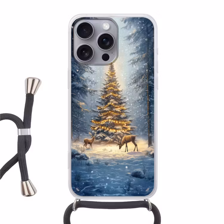 Kerstlicht - Woud - Hert - Donker Hoesje iPhone 16 Pro Max met koord klein -3d
