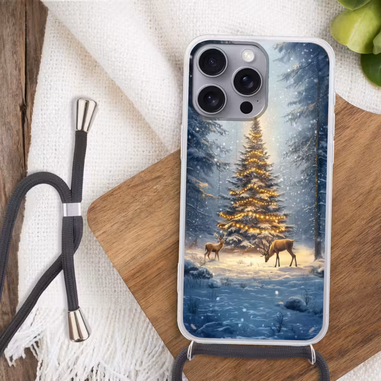 Kerstlicht - Woud - Hert - Donker Hoesje iPhone 16 Pro Max met koord klein -sfeer4