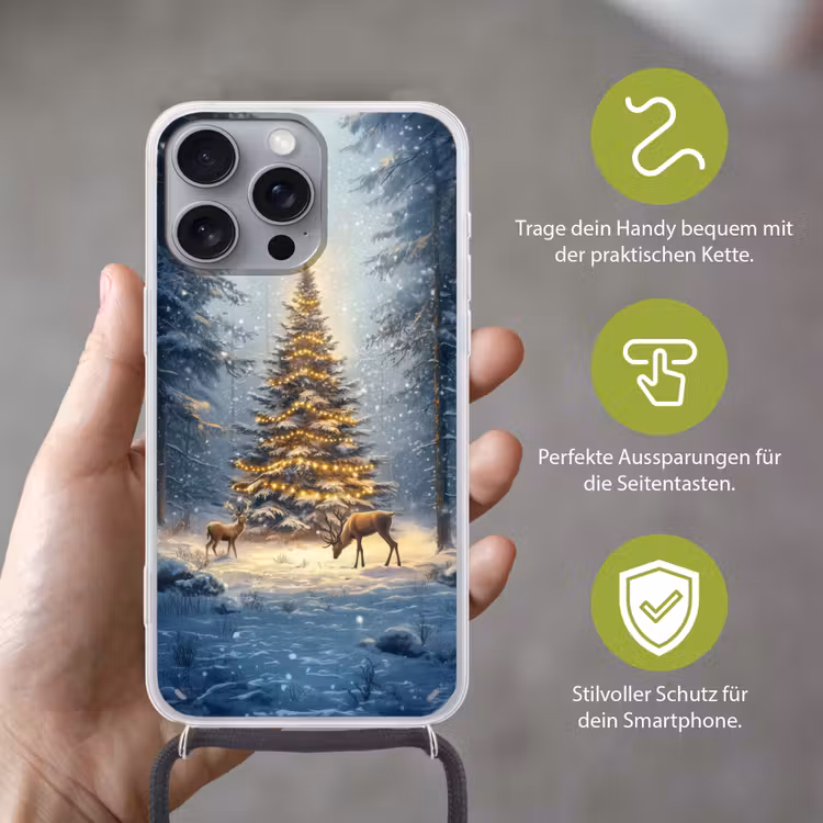 Kerstlicht - Woud - Hert - Donker Hoesje iPhone 16 Pro Max met koord klein -sfeer2_DE