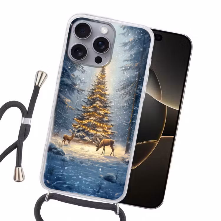 Kerstlicht - Woud - Hert - Donker Hoesje iPhone 16 Pro Max met koord klein -sfeer1