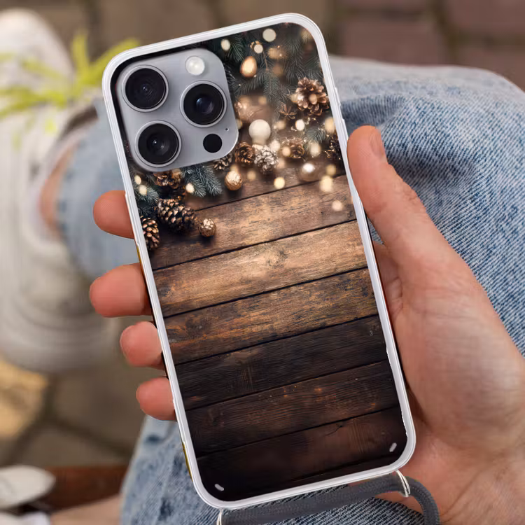 Kerstdecoratie - Houten - Dennenappel - Bruin Hoesje iPhone 16 Pro Max met koord klein -sfeer3