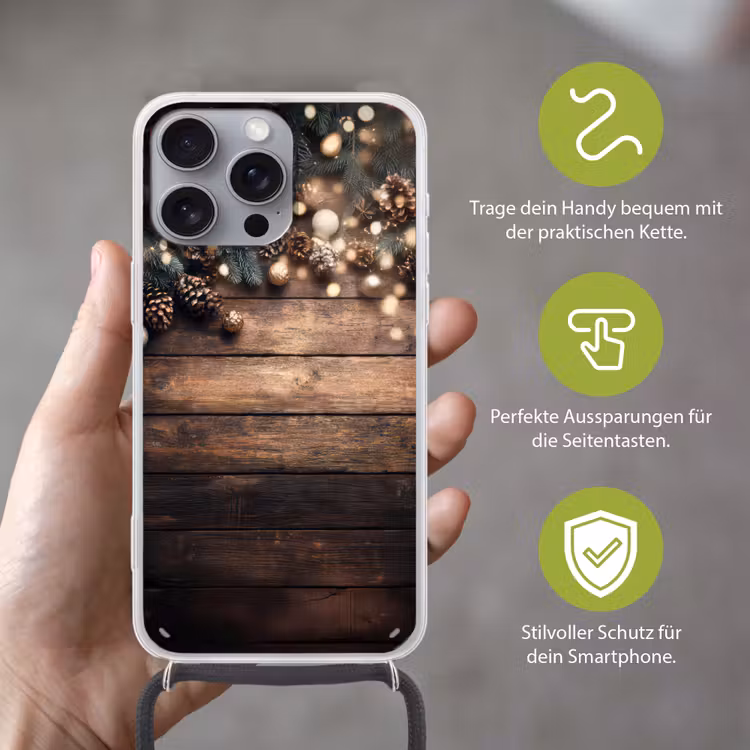 Kerstdecoratie - Houten - Dennenappel - Bruin Hoesje iPhone 16 Pro Max met koord klein -sfeer2_DE