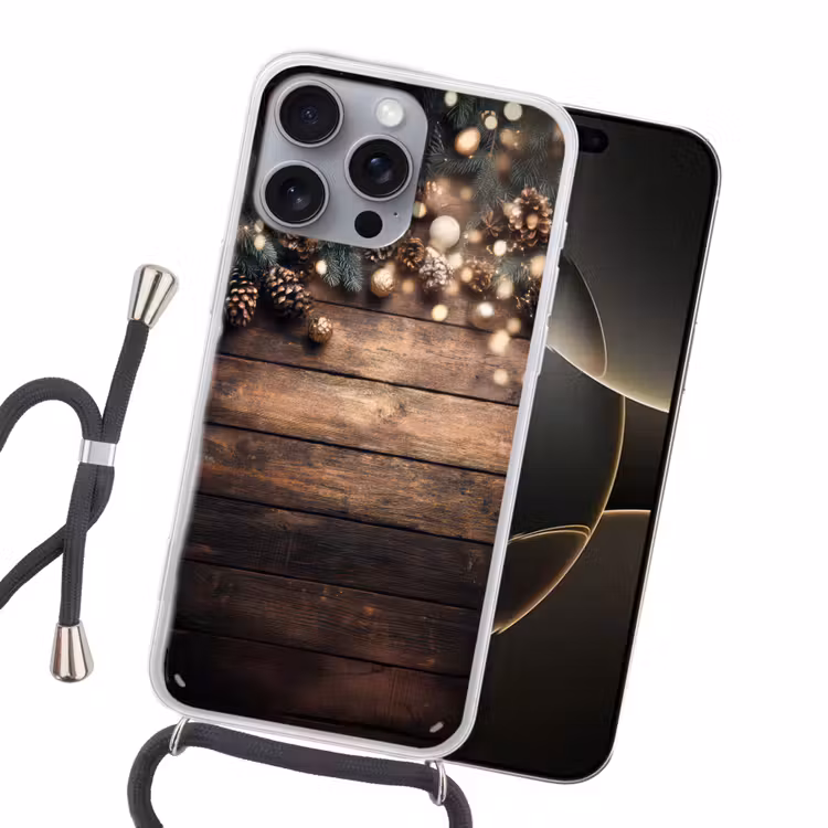 Kerstdecoratie - Houten - Dennenappel - Bruin Hoesje iPhone 16 Pro Max met koord klein -sfeer1