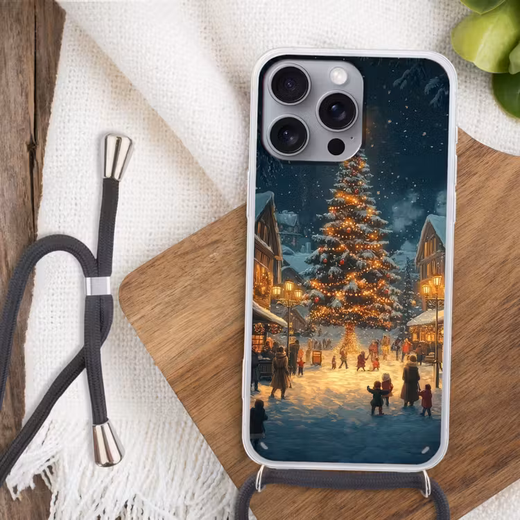 Kerstfeest - Dorp - Donker Hoesje iPhone 16 Pro Max met koord klein -sfeer4