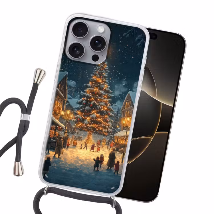 Kerstfeest - Dorp - Donker Hoesje iPhone 16 Pro Max met koord klein -sfeer1