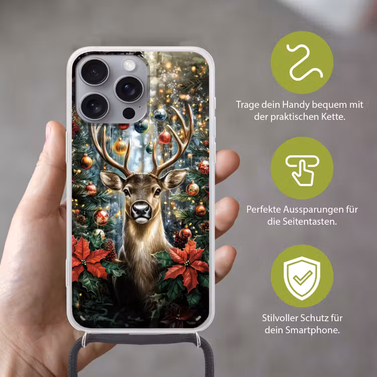 Kerstfeest - Dennenbos - Rood Hoesje iPhone 16 Pro Max met koord klein -sfeer2_DE
