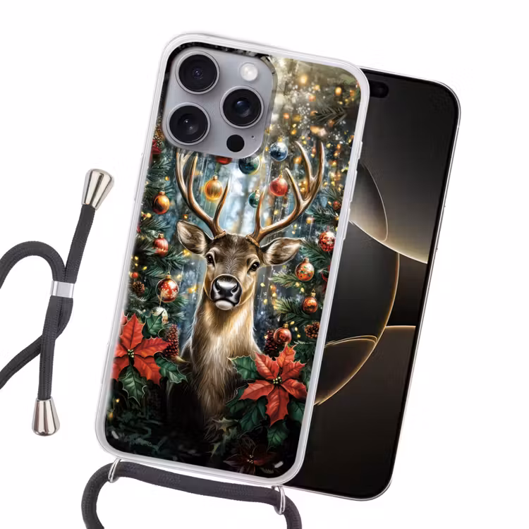 Kerstfeest - Dennenbos - Rood Hoesje iPhone 16 Pro Max met koord klein -sfeer1