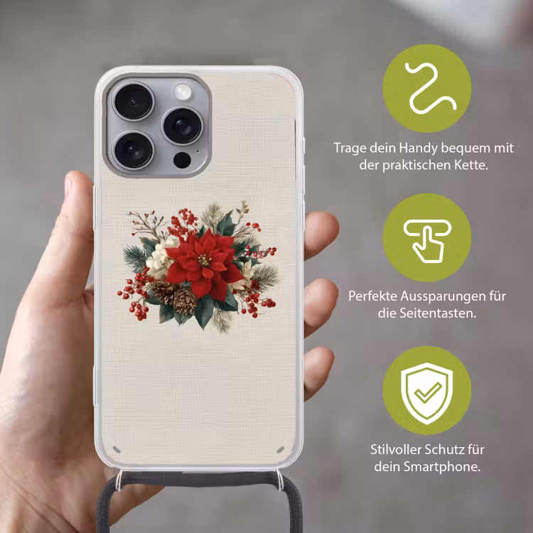 Kerststuk - Poinsettia - Dennenappels - Rood Hoesje iPhone 16 Pro Max met koord klein -sfeer2_DE