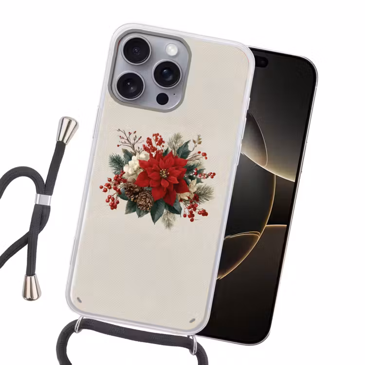 Kerststuk - Poinsettia - Dennenappels - Rood Hoesje iPhone 16 Pro Max met koord klein -sfeer1