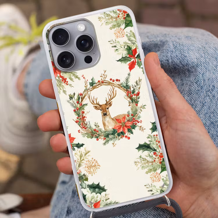 Kerstkrans - Hert - Hulst - Rood Hoesje iPhone 16 Pro Max met koord klein -sfeer3