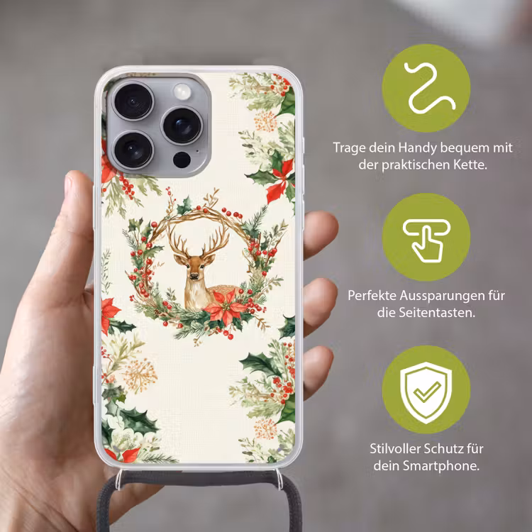 Kerstkrans - Hert - Hulst - Rood Hoesje iPhone 16 Pro Max met koord klein -sfeer2_DE