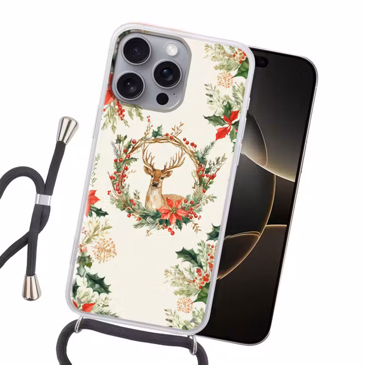 Kerstkrans - Hert - Hulst - Rood Hoesje iPhone 16 Pro Max met koord klein -sfeer1