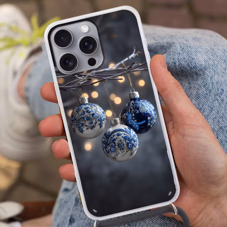 Kerstbal - Versierd - Blauw Hoesje iPhone 16 Pro Max met koord klein -sfeer3