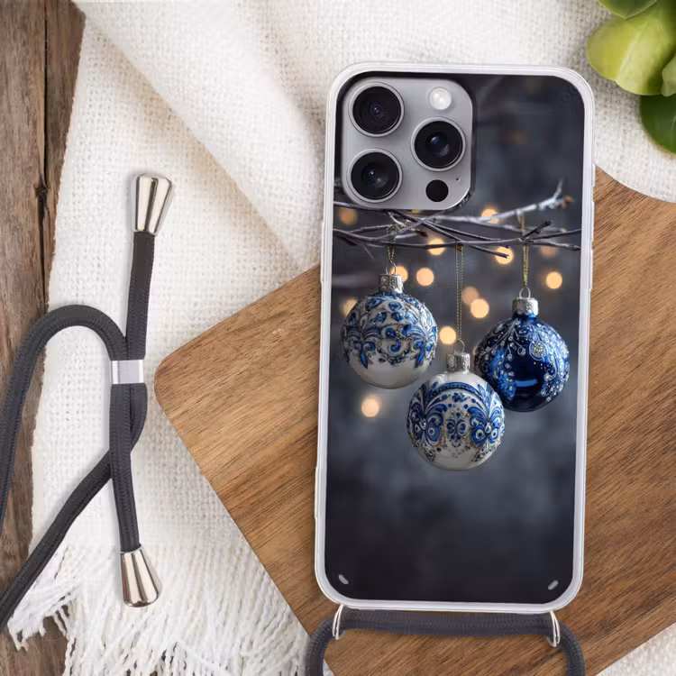 Kerstbal - Versierd - Blauw Hoesje iPhone 16 Pro Max met koord klein -sfeer4