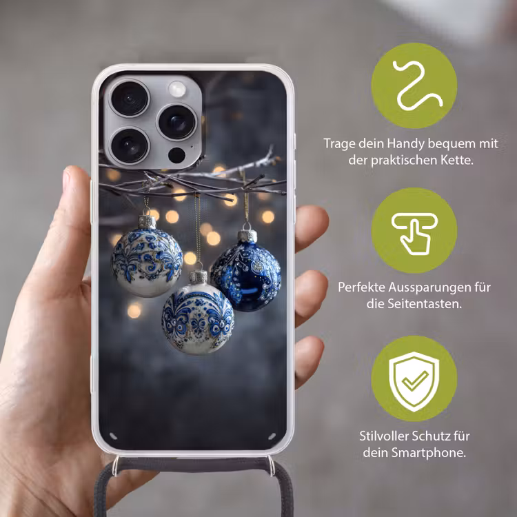 Kerstbal - Versierd - Blauw Hoesje iPhone 16 Pro Max met koord klein -sfeer2_DE