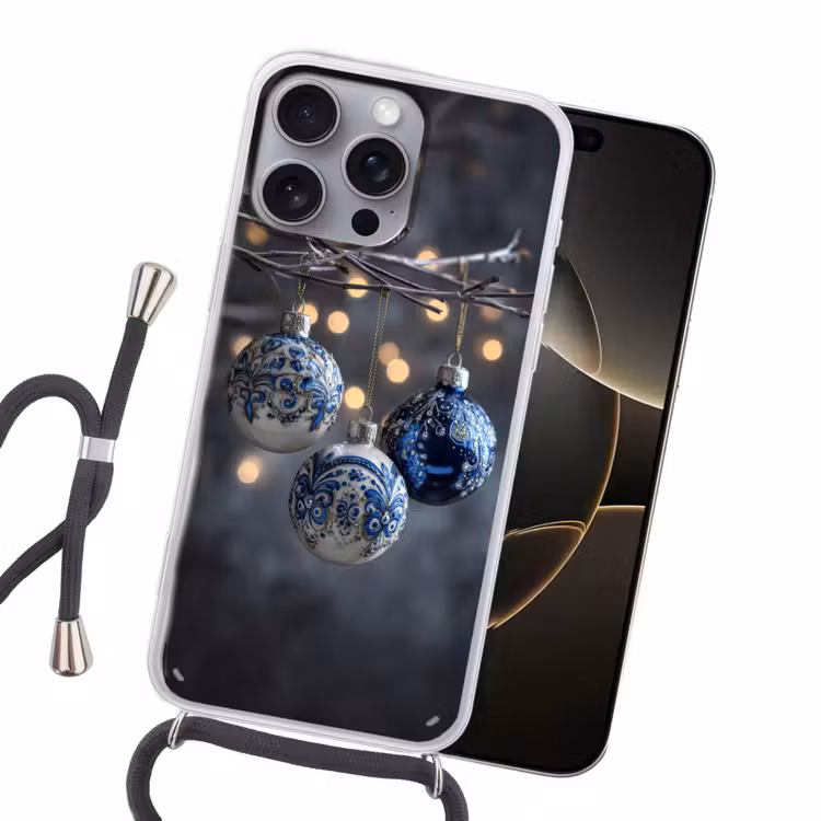 Kerstbal - Versierd - Blauw Hoesje iPhone 16 Pro Max met koord klein -sfeer1