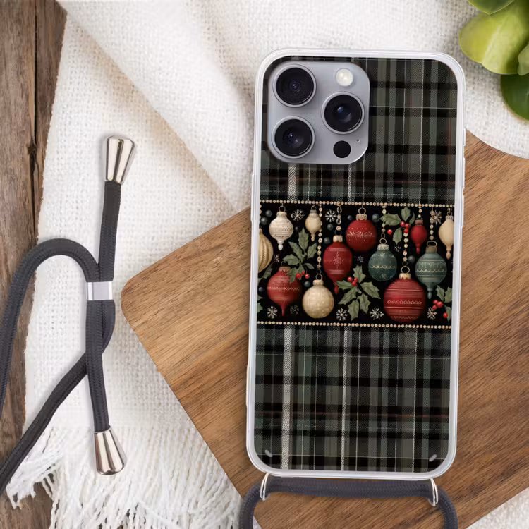 Kerstballen - Rood - Hulsttakken - Patroon Hoesje iPhone 16 Pro Max met koord klein -sfeer4
