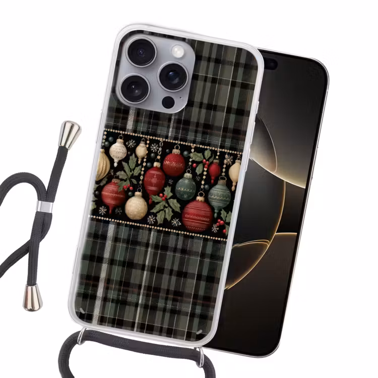 Kerstballen - Rood - Hulsttakken - Patroon Hoesje iPhone 16 Pro Max met koord klein -sfeer1