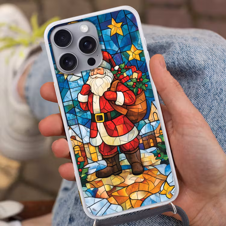 Kerstman - Glas - Kleurrijk Hoesje iPhone 16 Pro Max met koord klein -sfeer3