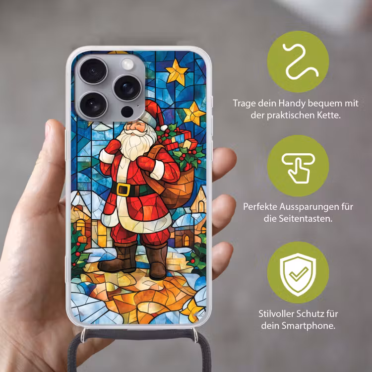 Kerstman - Glas - Kleurrijk Hoesje iPhone 16 Pro Max met koord klein -sfeer2_DE