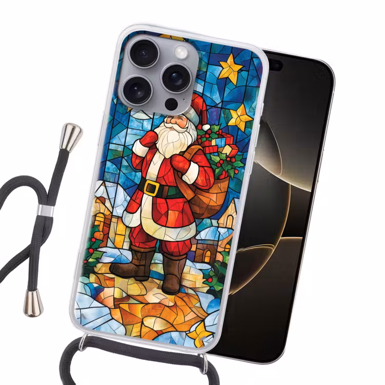 Kerstman - Glas - Kleurrijk Hoesje iPhone 16 Pro Max met koord klein -sfeer1