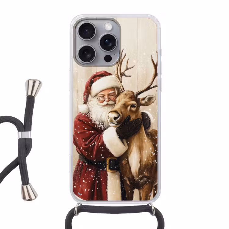 Kerstman - Rendier - Sneeuw - Kleurrijk Hoesje iPhone 16 Pro Max met koord klein -3d