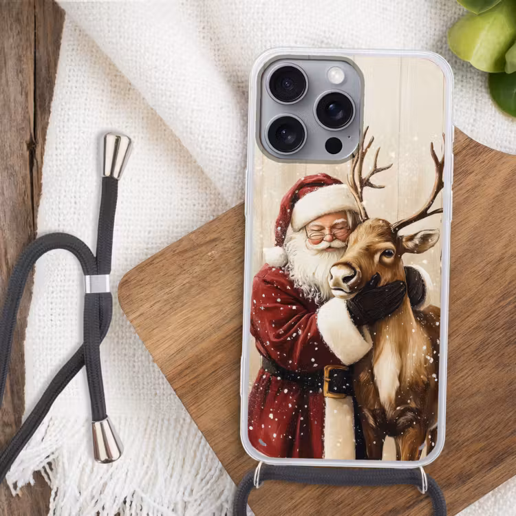 Kerstman - Rendier - Sneeuw - Kleurrijk Hoesje iPhone 16 Pro Max met koord klein -sfeer4