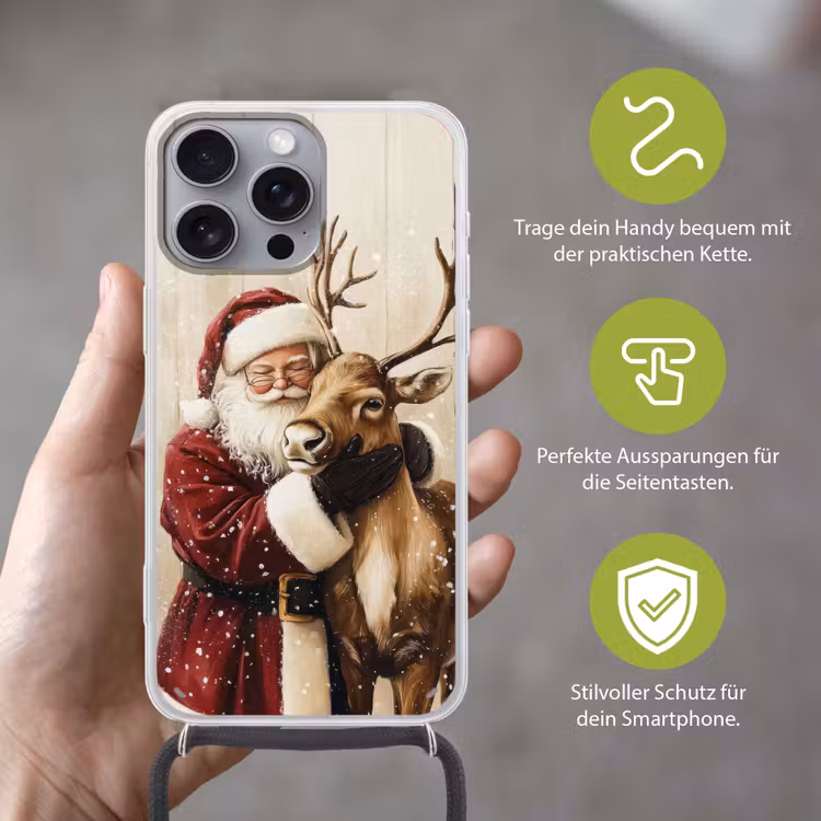 Kerstman - Rendier - Sneeuw - Kleurrijk Hoesje iPhone 16 Pro Max met koord klein -sfeer2_DE