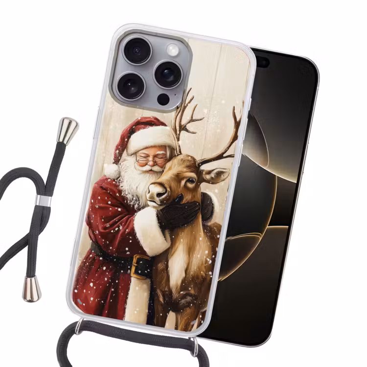 Kerstman - Rendier - Sneeuw - Kleurrijk Hoesje iPhone 16 Pro Max met koord klein -sfeer1