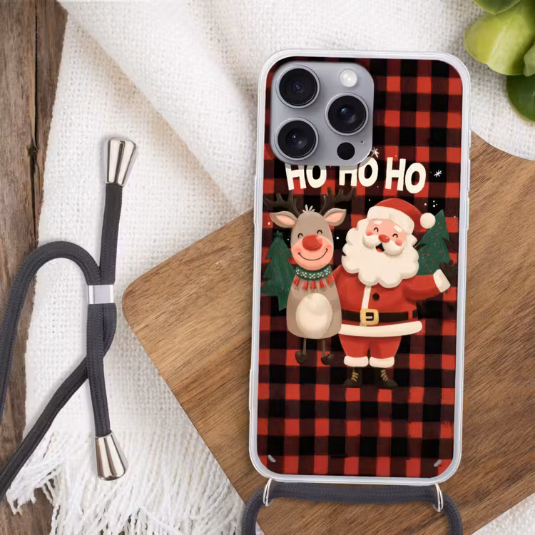 Kerstman - Rendier - Tekst - Rood - Zwart Hoesje iPhone 16 Pro Max met koord klein -sfeer4