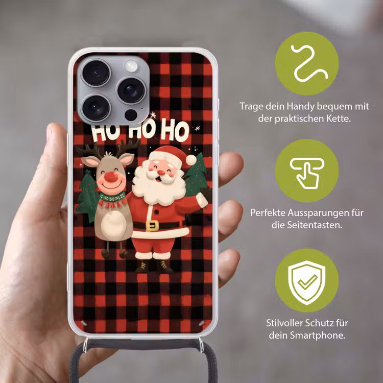Kerstman - Rendier - Tekst - Rood - Zwart Hoesje iPhone 16 Pro Max met koord klein -sfeer2_DE