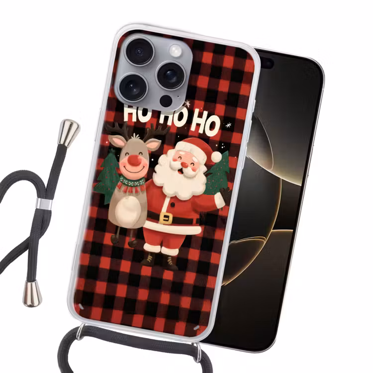 Kerstman - Rendier - Tekst - Rood - Zwart Hoesje iPhone 16 Pro Max met koord klein -sfeer1