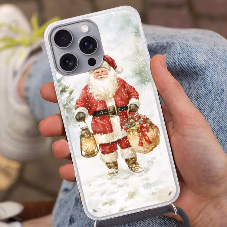 Kerstman- Winter - Sneeuw - Wit - Rood Hoesje iPhone 16 Pro Max met koord klein -sfeer3