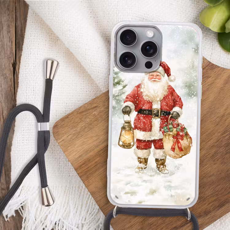 Kerstman- Winter - Sneeuw - Wit - Rood Hoesje iPhone 16 Pro Max met koord klein -sfeer4
