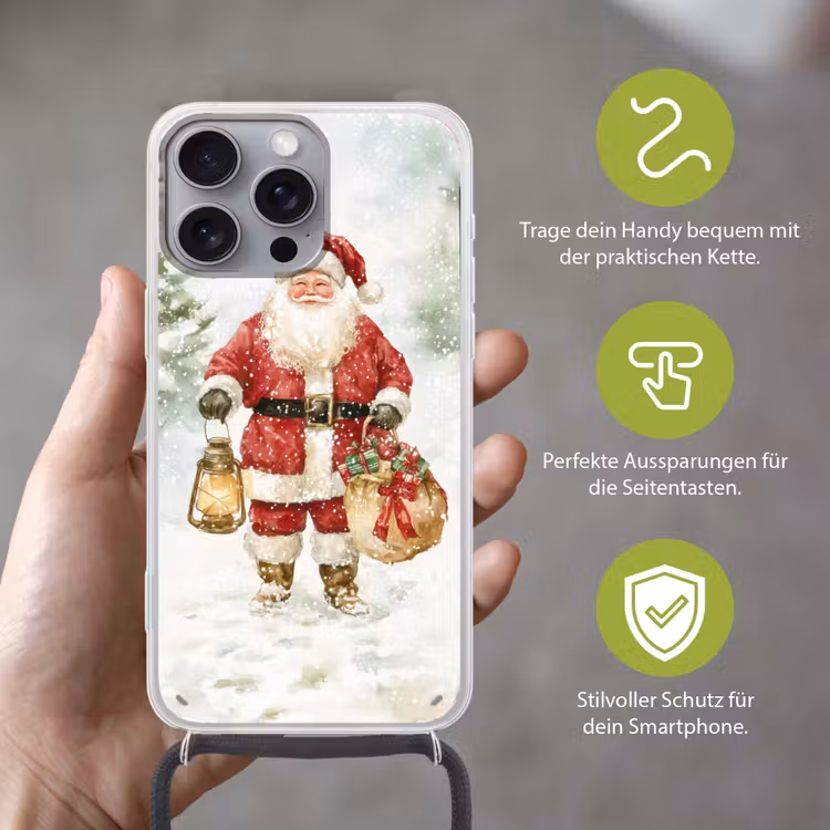 Kerstman- Winter - Sneeuw - Wit - Rood Hoesje iPhone 16 Pro Max met koord klein -sfeer2_DE