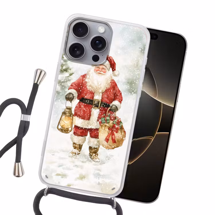 Kerstman- Winter - Sneeuw - Wit - Rood Hoesje iPhone 16 Pro Max met koord klein -sfeer1