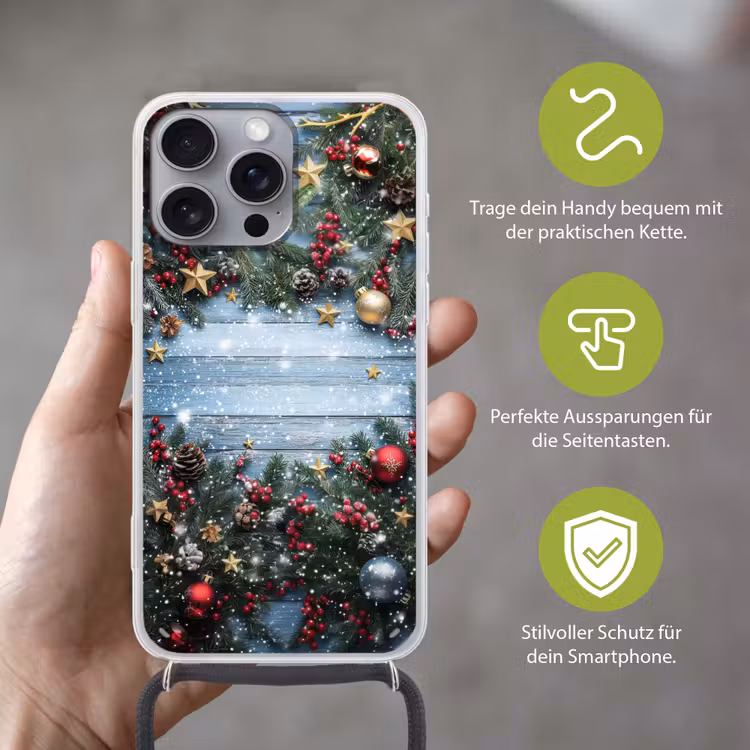 Kerstomlijsting - Sneeuw - Meerkleurig Hoesje iPhone 16 Pro Max met koord klein -sfeer2_DE