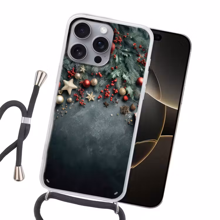 Kerstomlijsting - Hulst - Kleurrijk Hoesje iPhone 16 Pro Max met koord klein -sfeer1