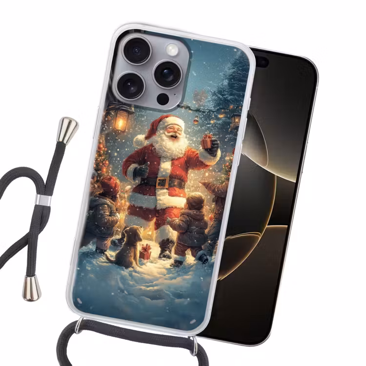 Kerstvreugde - Sneeuw - Kleurrijk Hoesje iPhone 16 Pro Max met koord klein -sfeer1
