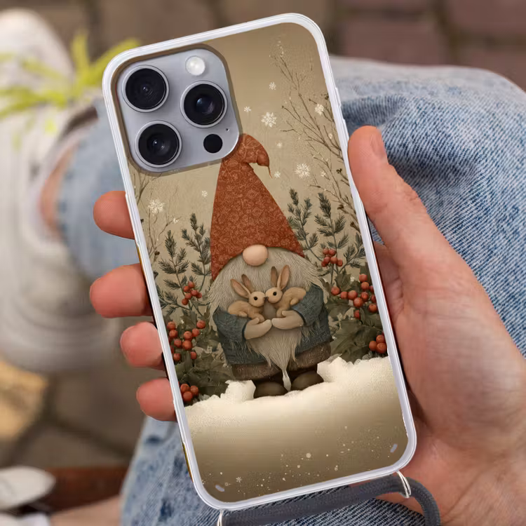 Kerstgnome - Konijntjes - Kleurrijk Hoesje iPhone 16 Pro Max met koord klein -sfeer3
