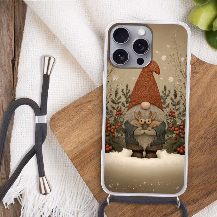 Kerstgnome - Konijntjes - Kleurrijk Hoesje iPhone 16 Pro Max met koord klein -sfeer4