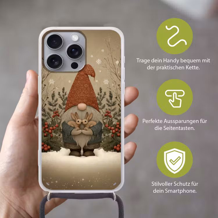 Kerstgnome - Konijntjes - Kleurrijk Hoesje iPhone 16 Pro Max met koord klein -sfeer2_DE