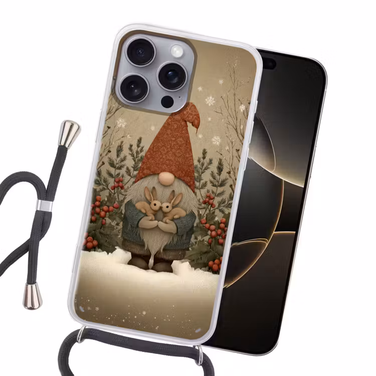 Kerstgnome - Konijntjes - Kleurrijk Hoesje iPhone 16 Pro Max met koord klein -sfeer1