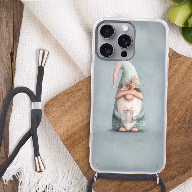 Kerstgnome - Cadeau - Groen Hoesje iPhone 16 Pro Max met koord klein -sfeer4