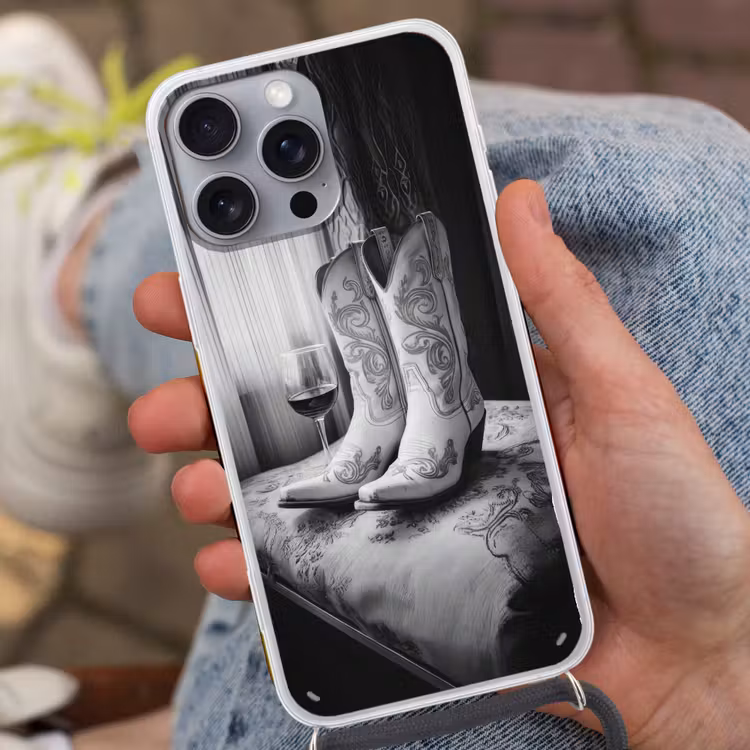 Wijn - Cowboylaarzen - Raamlicht - Wit Hoesje iPhone 16 Pro Max met koord klein -sfeer3