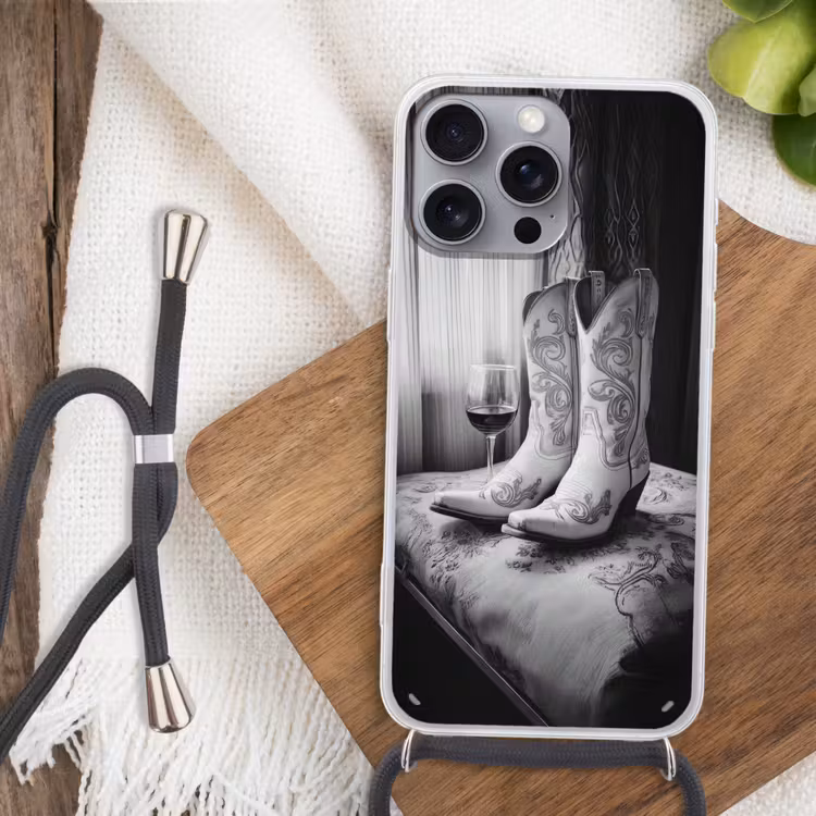 Wijn - Cowboylaarzen - Raamlicht - Wit Hoesje iPhone 16 Pro Max met koord klein -sfeer4